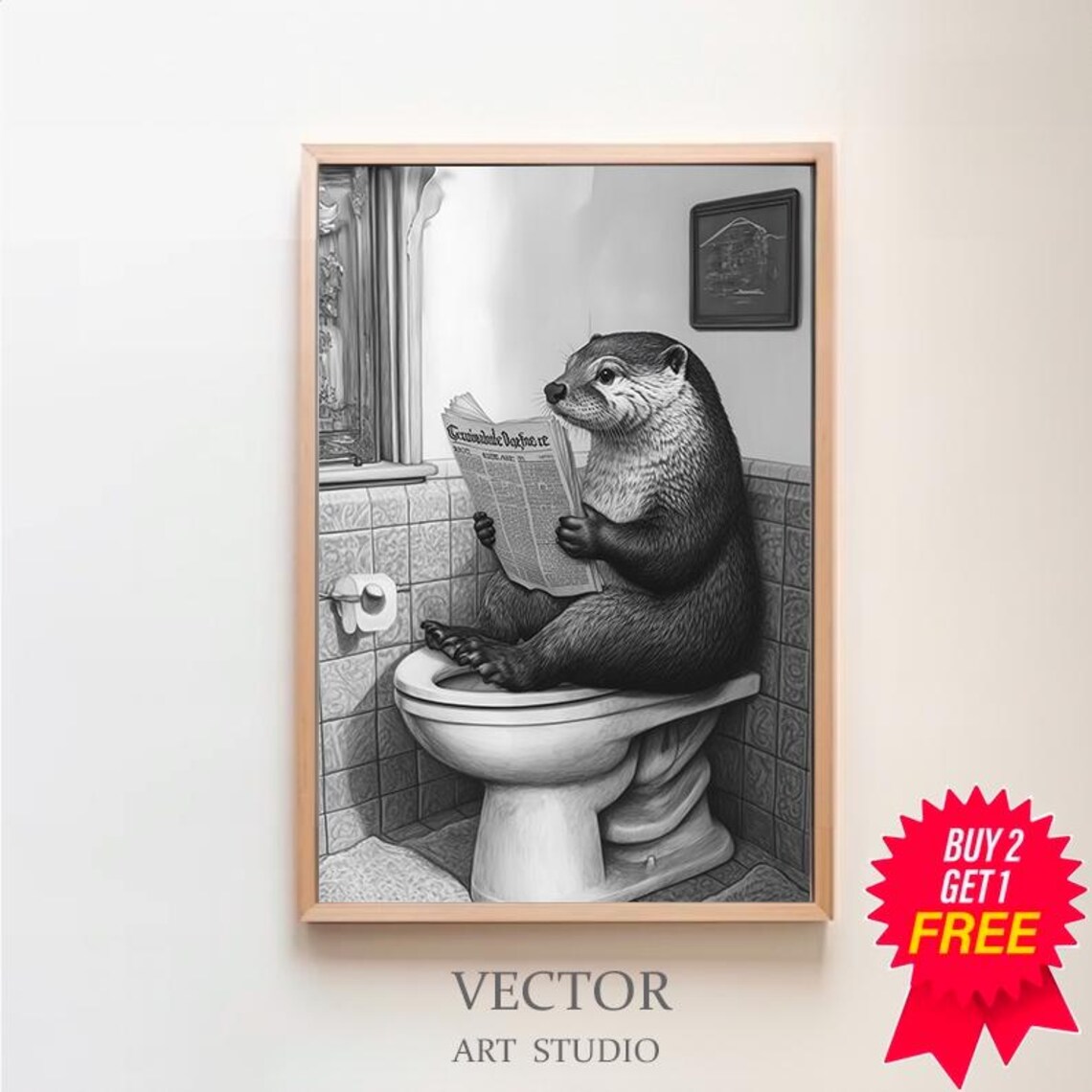Funny Otter On Toilet Reading Newspaper Humor Bathroom Poster