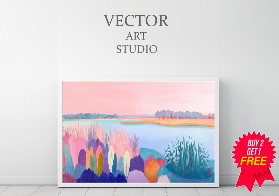 Pink Sunset Over A Pastel Marsh Lake Colorful Abstract Poster - Image 3