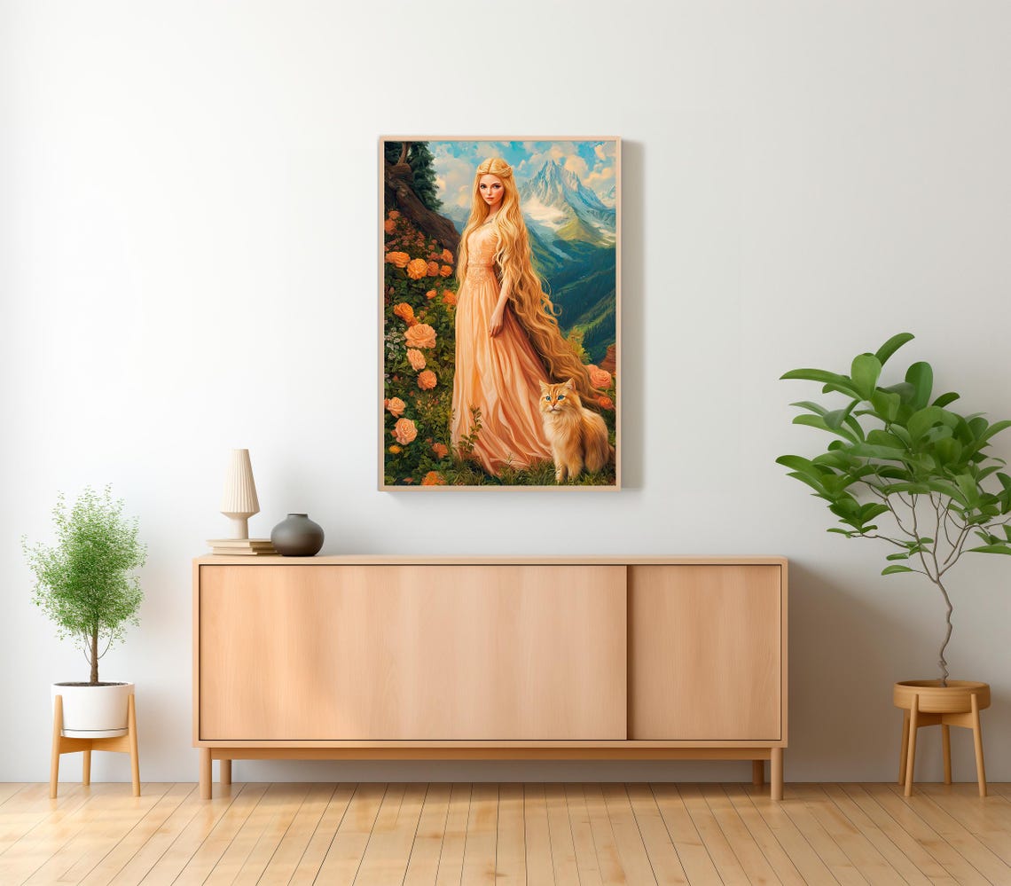 Freyja Norse Goddess with a Cat in a Mountain Rose Garden Poster - Image 2