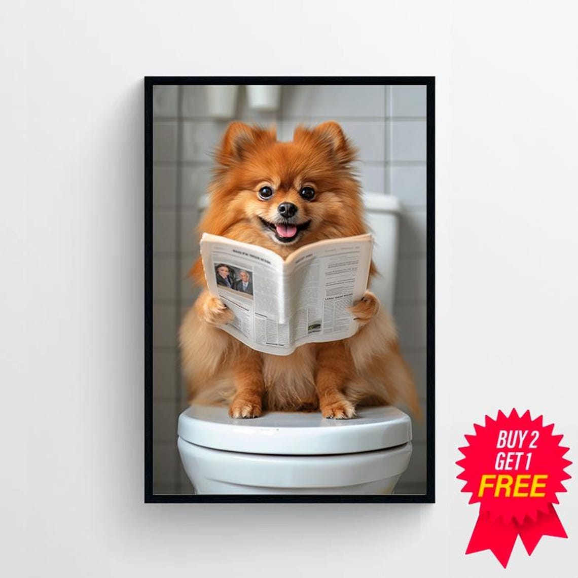 Pomeranian Reading Newspaper on Toilet Funny Dog Bathroom Poster - Image 4