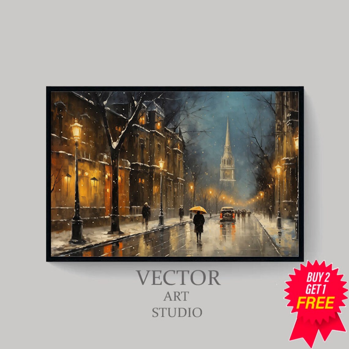 Snowy Winter Night City Street With Church Spire Lamplight Poster - Image 4