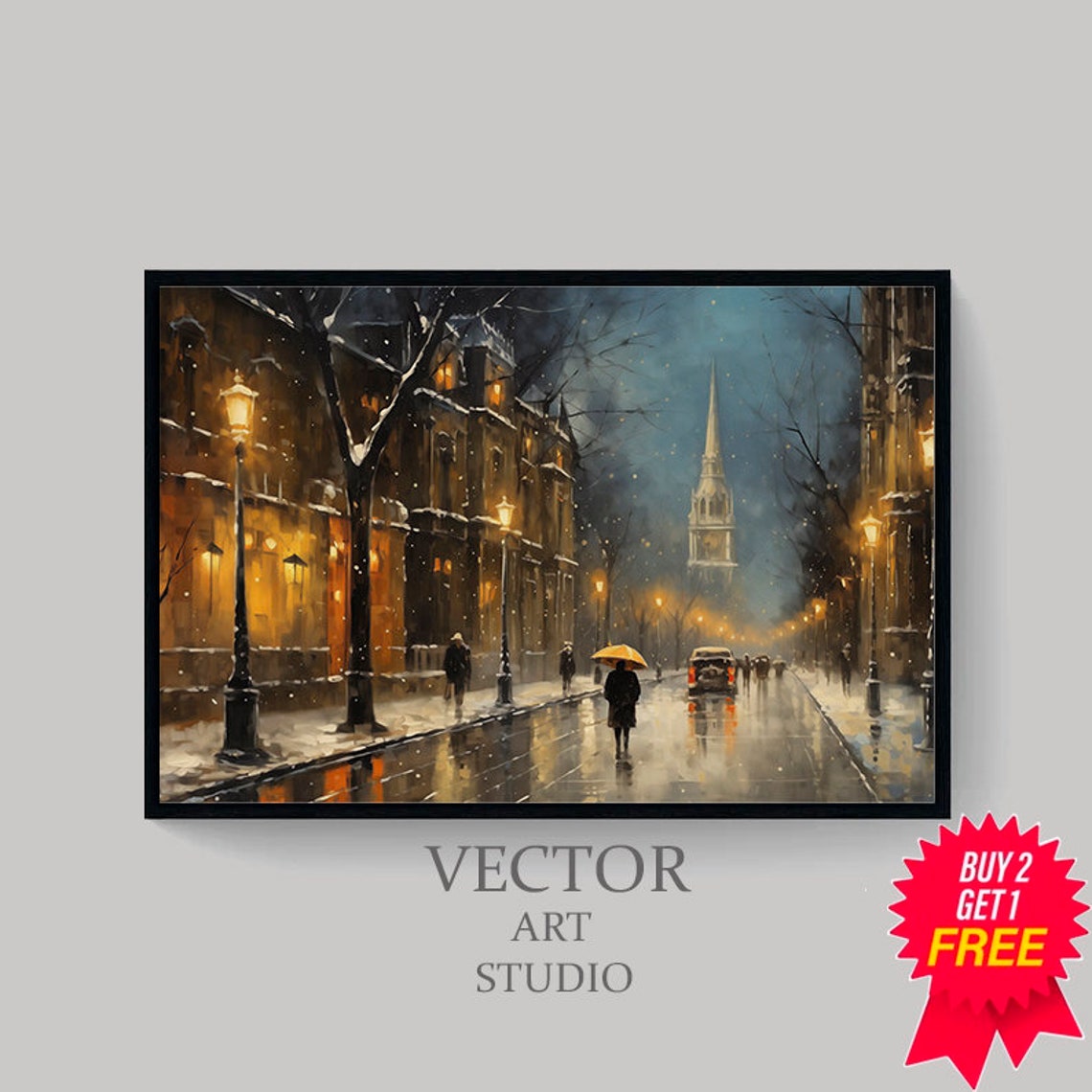 Snowy Winter Night Frame Tv Art Christmas Decor Moody Neutral Christmas Frame Tv Art Vintage Winter City Painting - Image 4