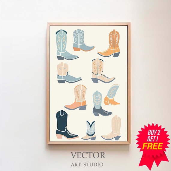 Blue Cowgirl Boots Set Print Preppy Wall Poster Cowgirl Trendy Wall Art Western Bedroom Decor Rodeo Cowgirl Print