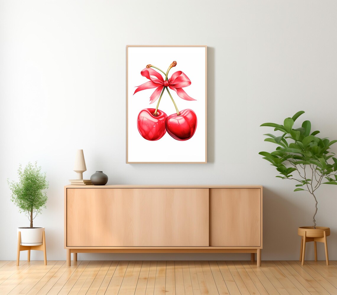 Cherry Wall Art Print Feminine Poster Trendy Wall Art Coquette Pink Bow Soft Girl Bedroom Decor Preppy College Apartment Print - Image 2