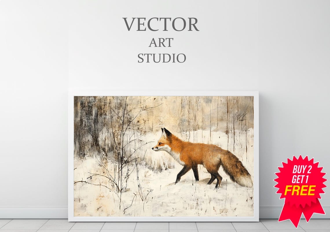 Red Fox Walking Through Falling Snow Vintage Winter Painting Poster - Image 3