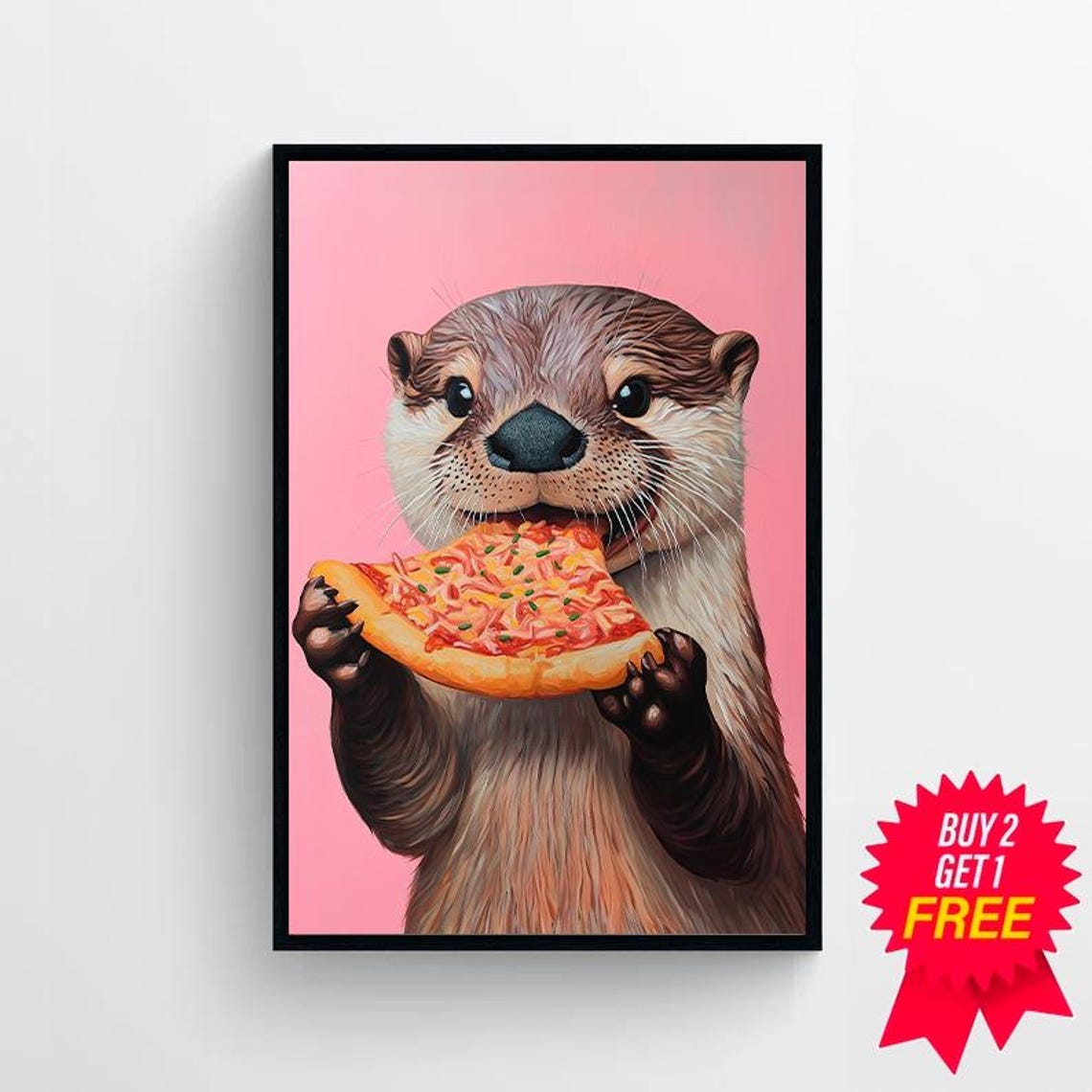 Otter Biting into a Pizza Slice on Pink Background Funny Animal Poster - Image 4