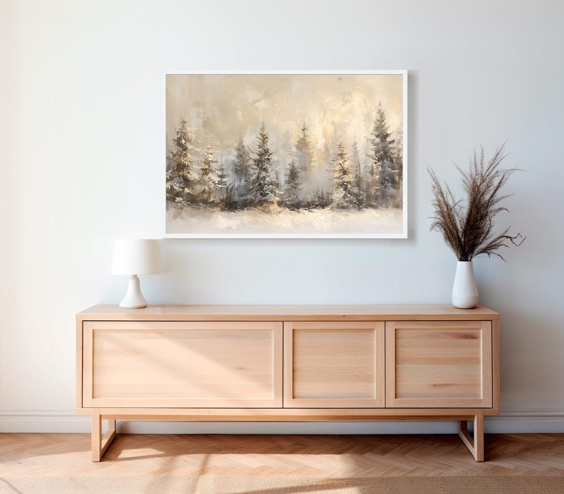 Golden Misty Winter Pine Forest Neutral Beige Landscape Poster - Image 2