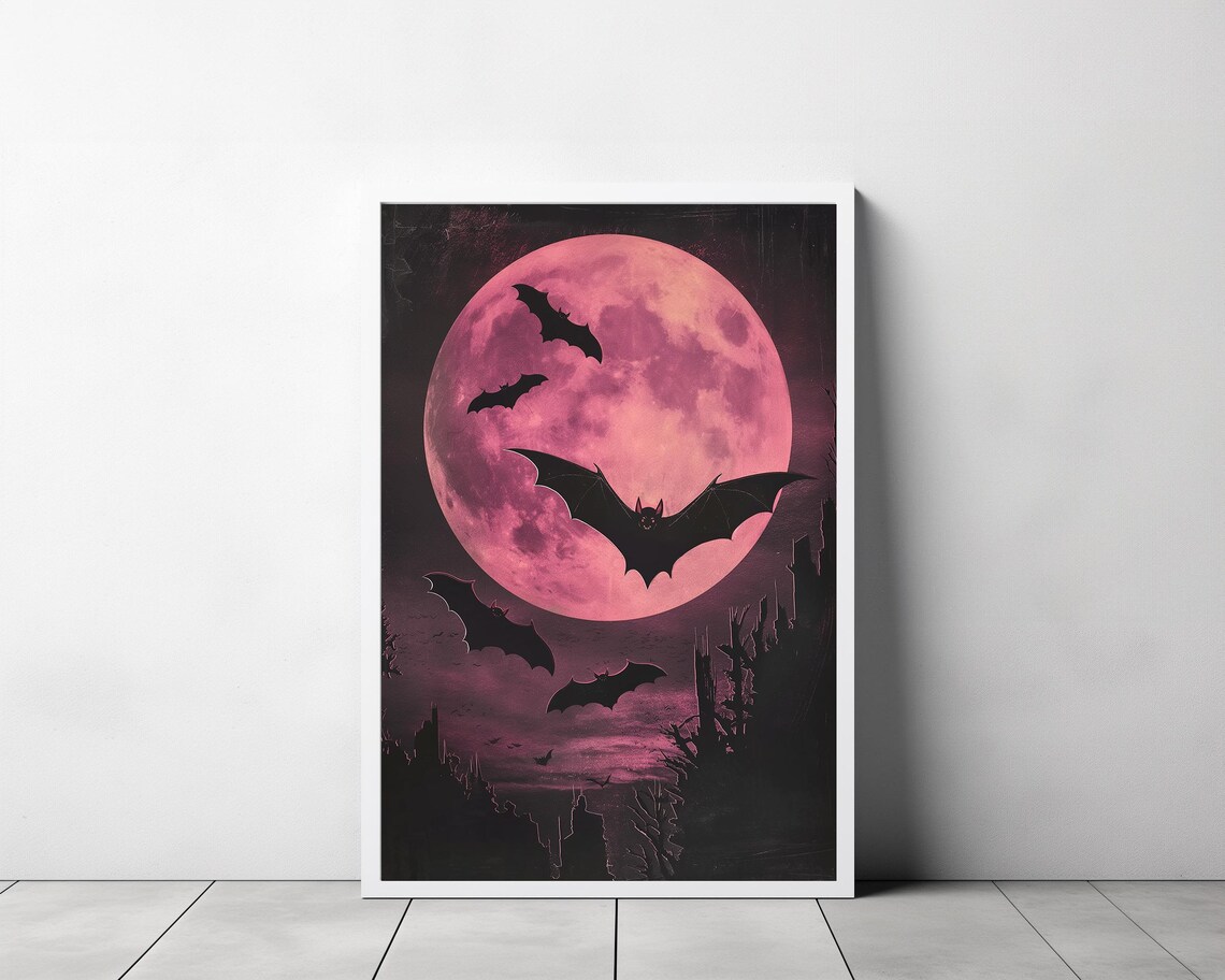 Neon Pink Vampire Bats Vintage Gothic Art Print - Image 3