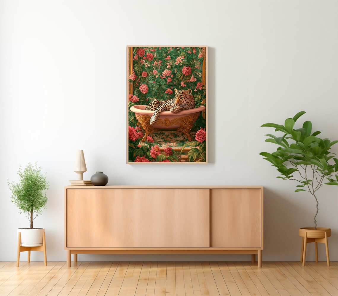 Leopard Lounging in a Pink Bathtub Surrounded by Roses Animal Poster - Image 2