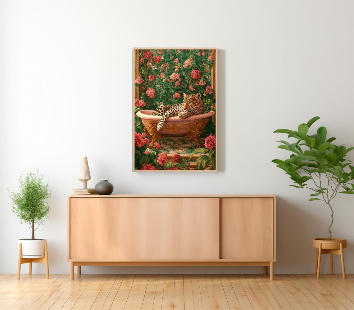 Wall Art Leopard In A Bathtub Maximalist Oil Painting Colorful Trendy Kitsch Bathroom Print Vivid Bold Dopamine Animal Picture - Image 2