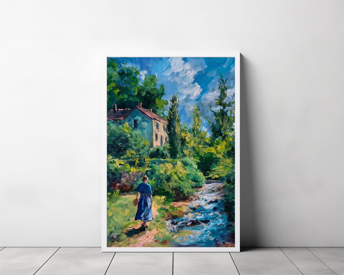 Spring Country Oil Painting Vintage Stream Landscape Print Rustic Farmhouse Cottage Print Art Art - Image 3