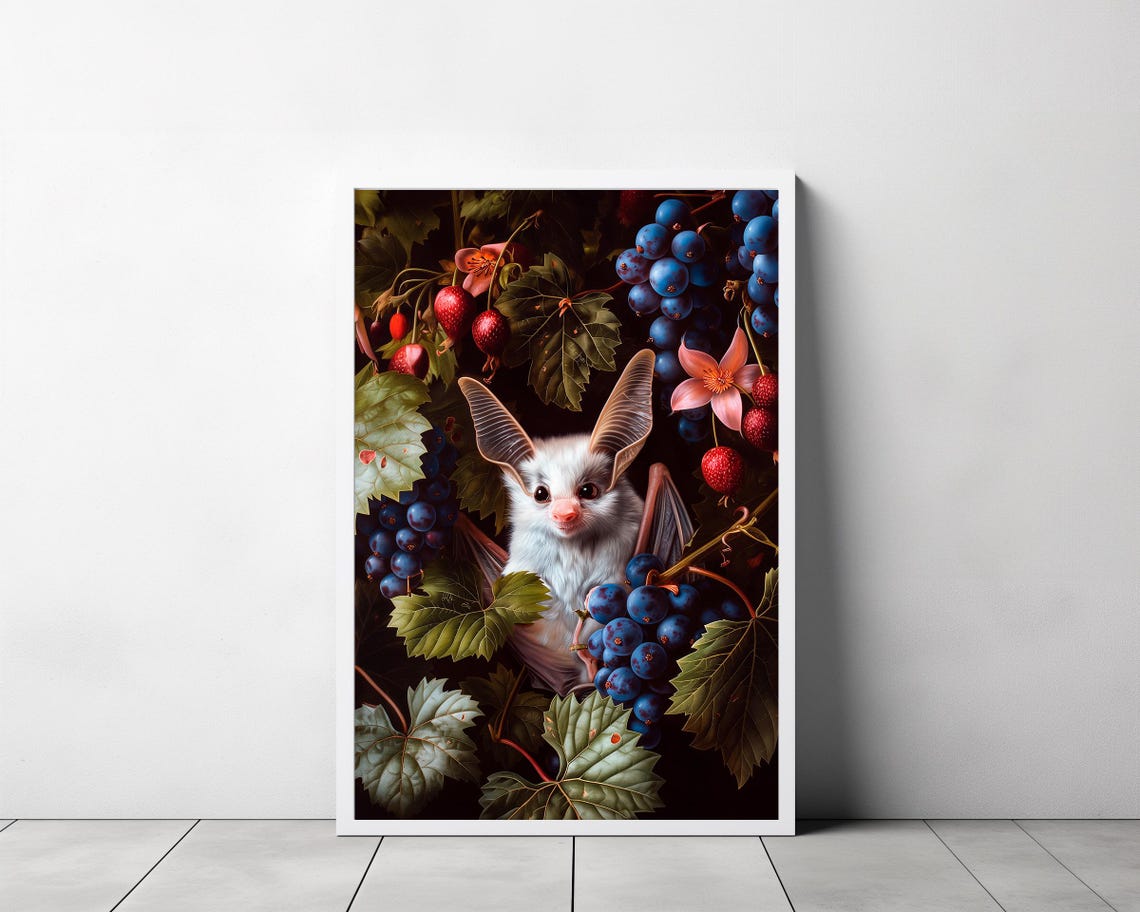White Fruit Bat Among Grapes Dark Gothic Botanical Art Print - Image 3