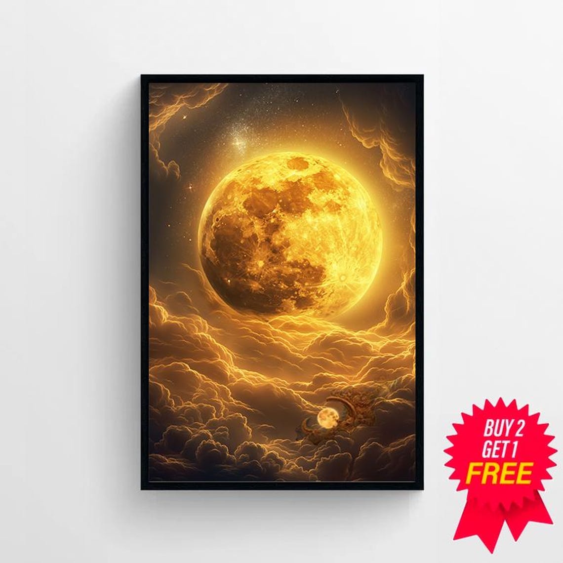Enchanting Celestial Gold Moon Art Print Vintage Inspired Dark Academia Dark Cottagecore Night Sky Painting - Image 4
