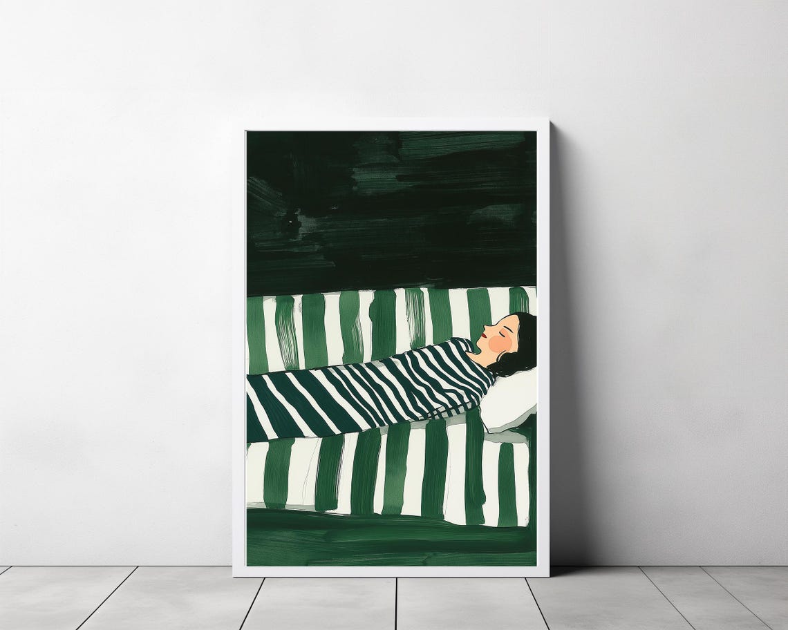 Emerald Striped Woman Reclining on Chaise Under a Dark Night Poster - Image 3