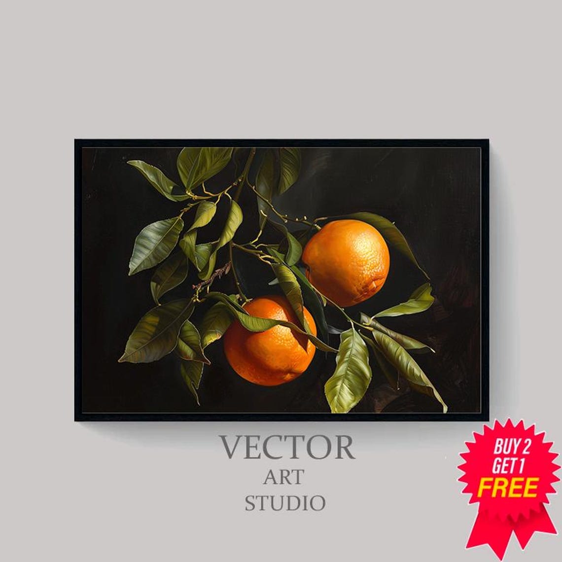 Two Ripe Oranges on Leafy Branch Moody Dark Still Life Poster - Image 4
