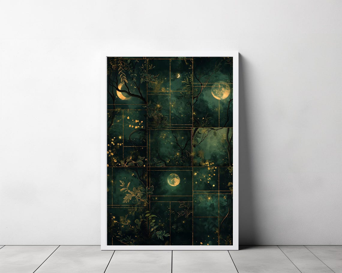 Moonlit Forest Grid with Golden Crescents and Fireflies Poster - Image 3