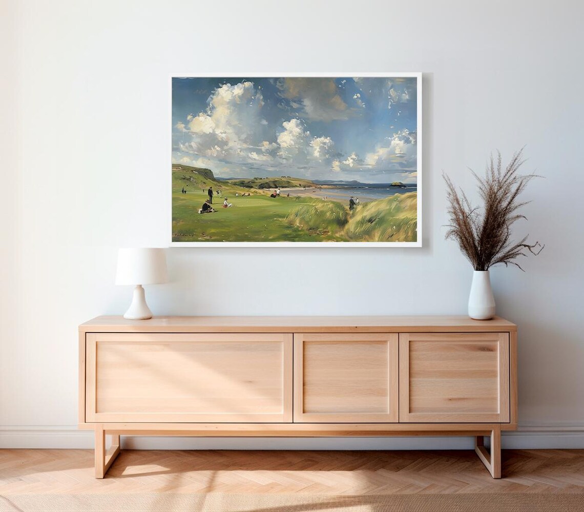 Golfers on Coastal Links by the Sea Classic Landscape Sports Art Print - Image 2