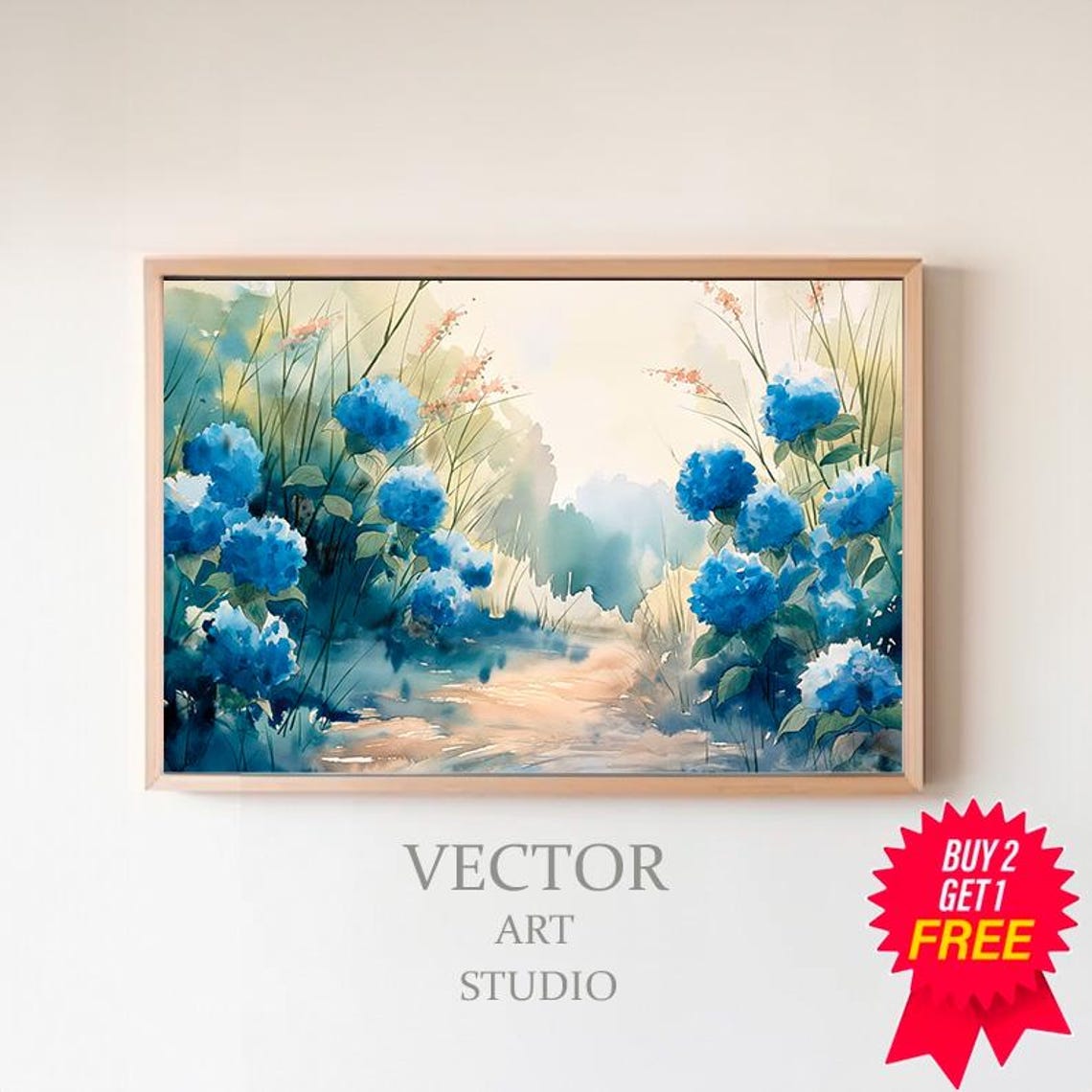 Blue Hydrangea Garden Path Watercolor Spring Botanical Art Print