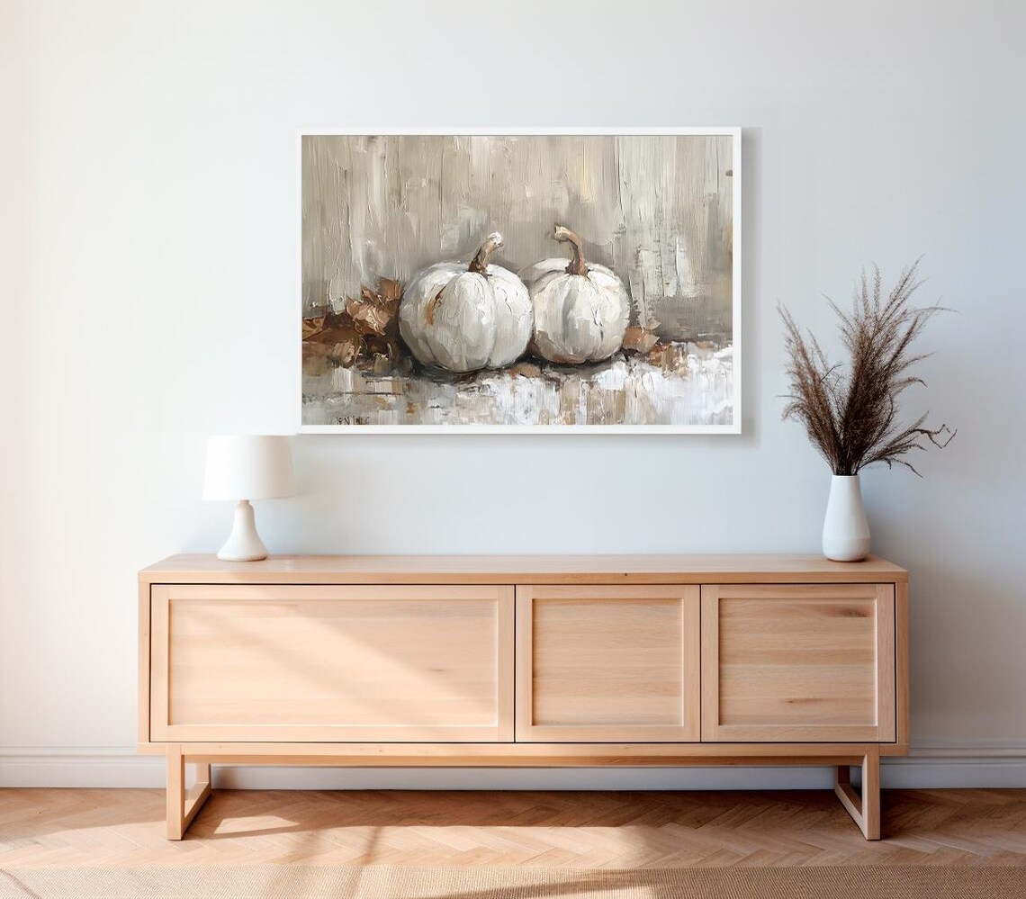 Two White Pumpkins with Autumn Leaves in a Rustic Still Life Art Poster - Image 2