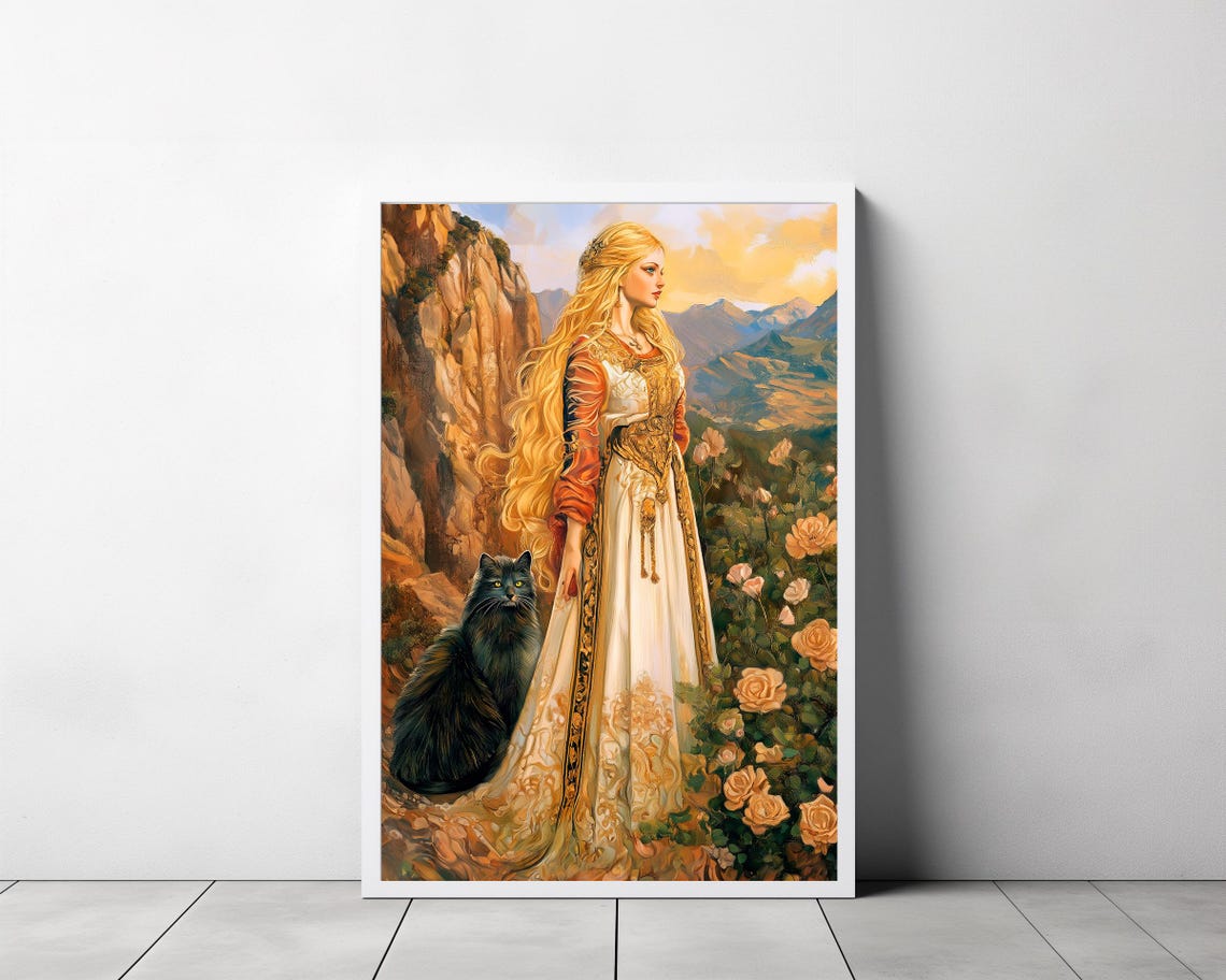 Freyja Norse Goddess With Black Cat Mountain Rose Art Poster - Image 3