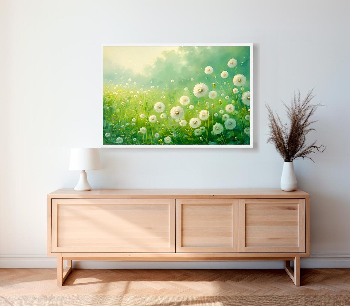 Dreamy Field of White Dandelion Puffs in Green Meadow Poster - Image 2