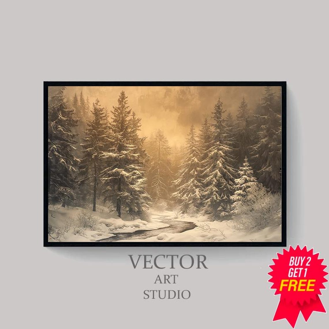 Vintage Winter Sketch Flocked Snowy Trees Vintage Art - Image 4