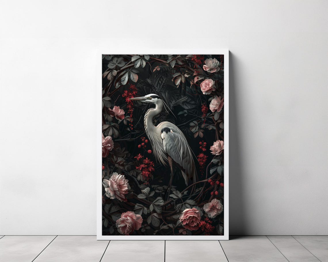 Grey Heron Standing Among Pink Roses in a Dark Botanical Garden Poster - Image 3
