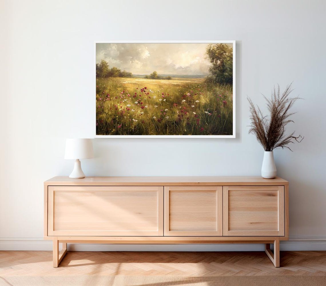 Pink Wildflower Meadow in Golden Light Vintage Spring Landscape Poster - Image 2