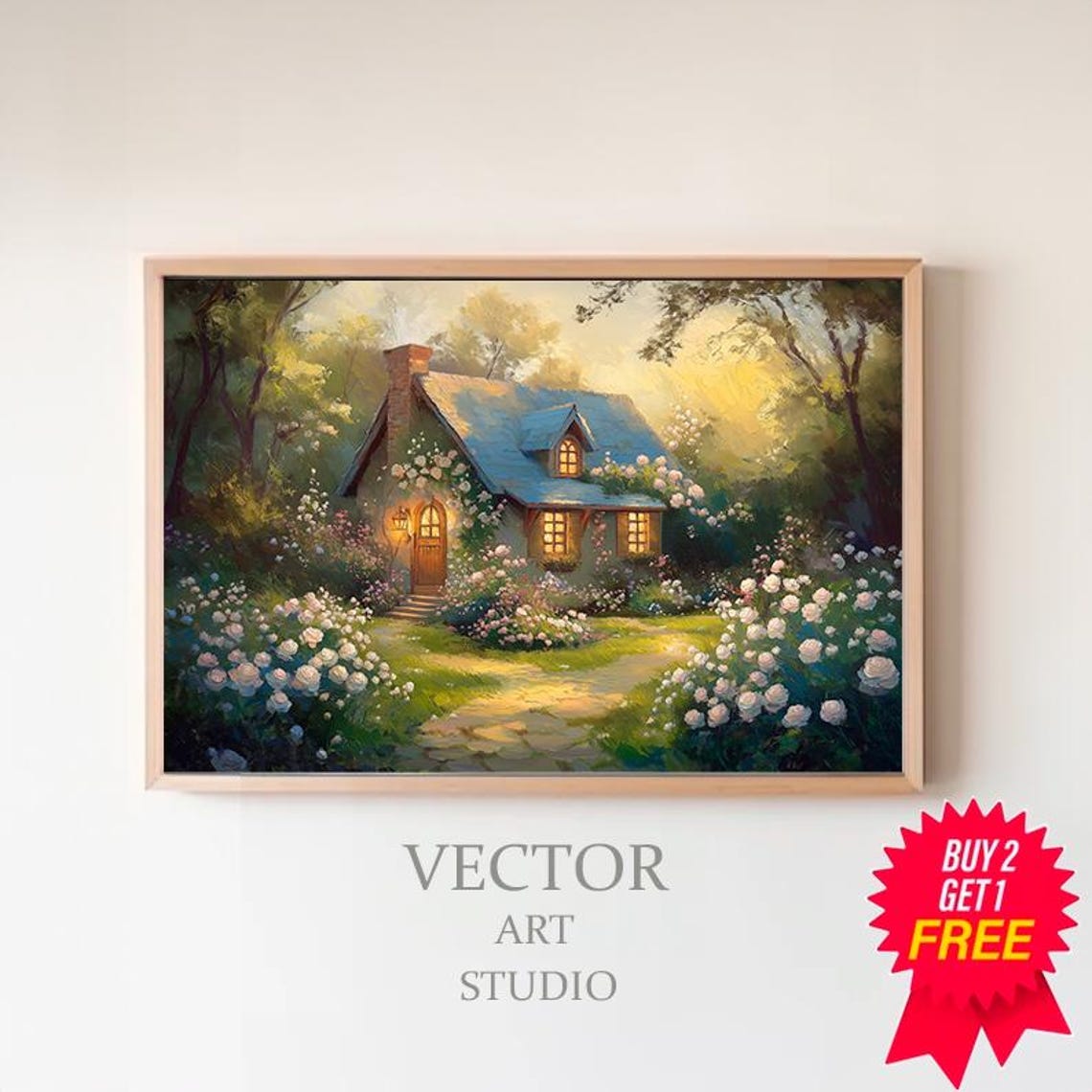 Glowing Cottage White Roses Golden Dusk Vintage Painting Poster
