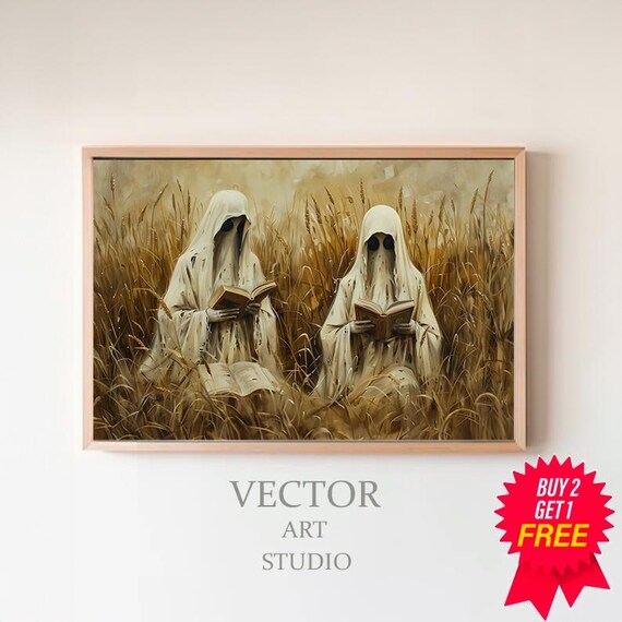 Two Spooky Ghosts Reading Books In A Wheat Field Fall Art Poster