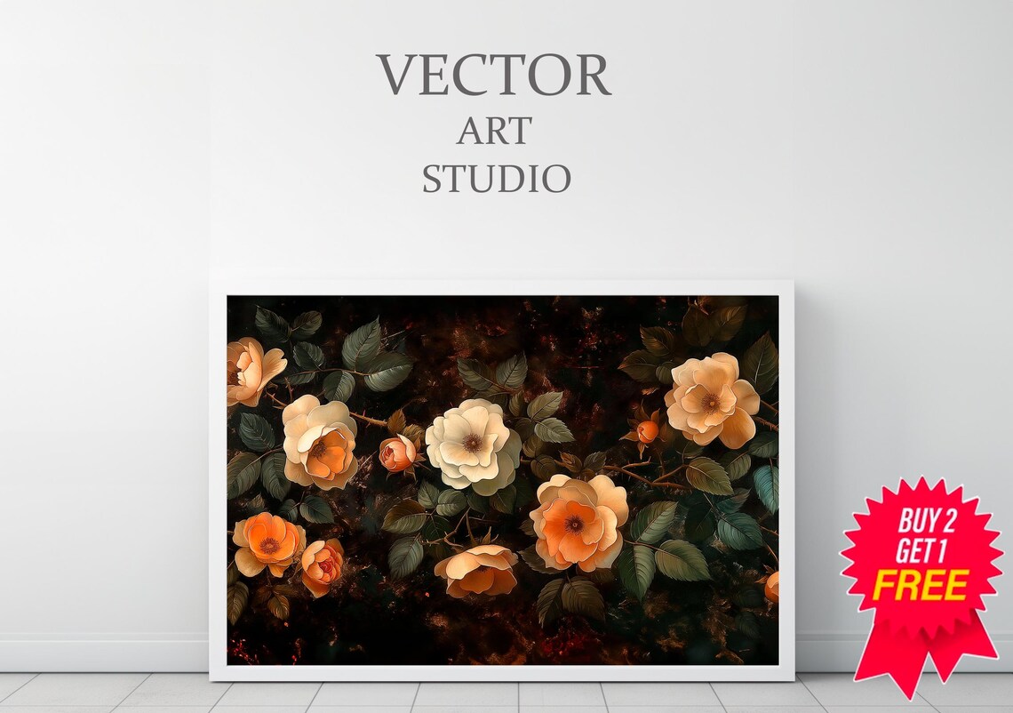 Dark Moody Cream Apricot Roses Vintage Botanical Floral Poster - Image 3