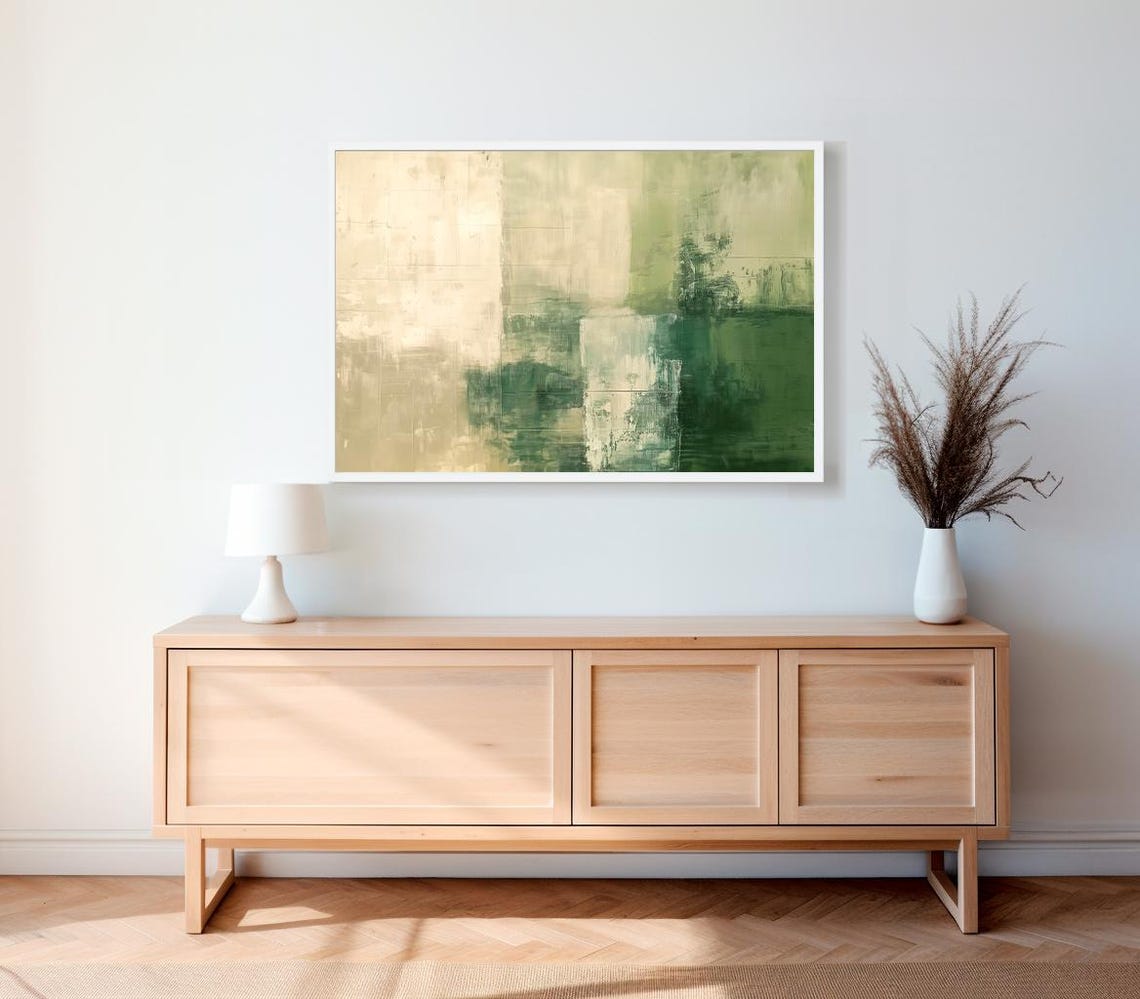 Rustic Green Abstract Winter Frame Tv Art Beige Contemporary Tv Art Geometric Minimalist Modern Oil Painting - Image 2