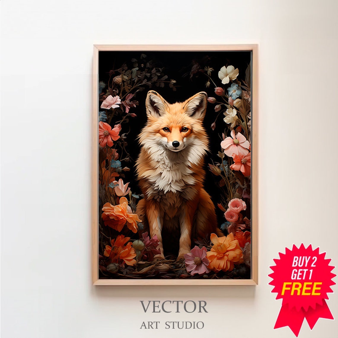 Red Fox Sitting Among Colorful Flowers Dark Floral Wildlife Art Poster