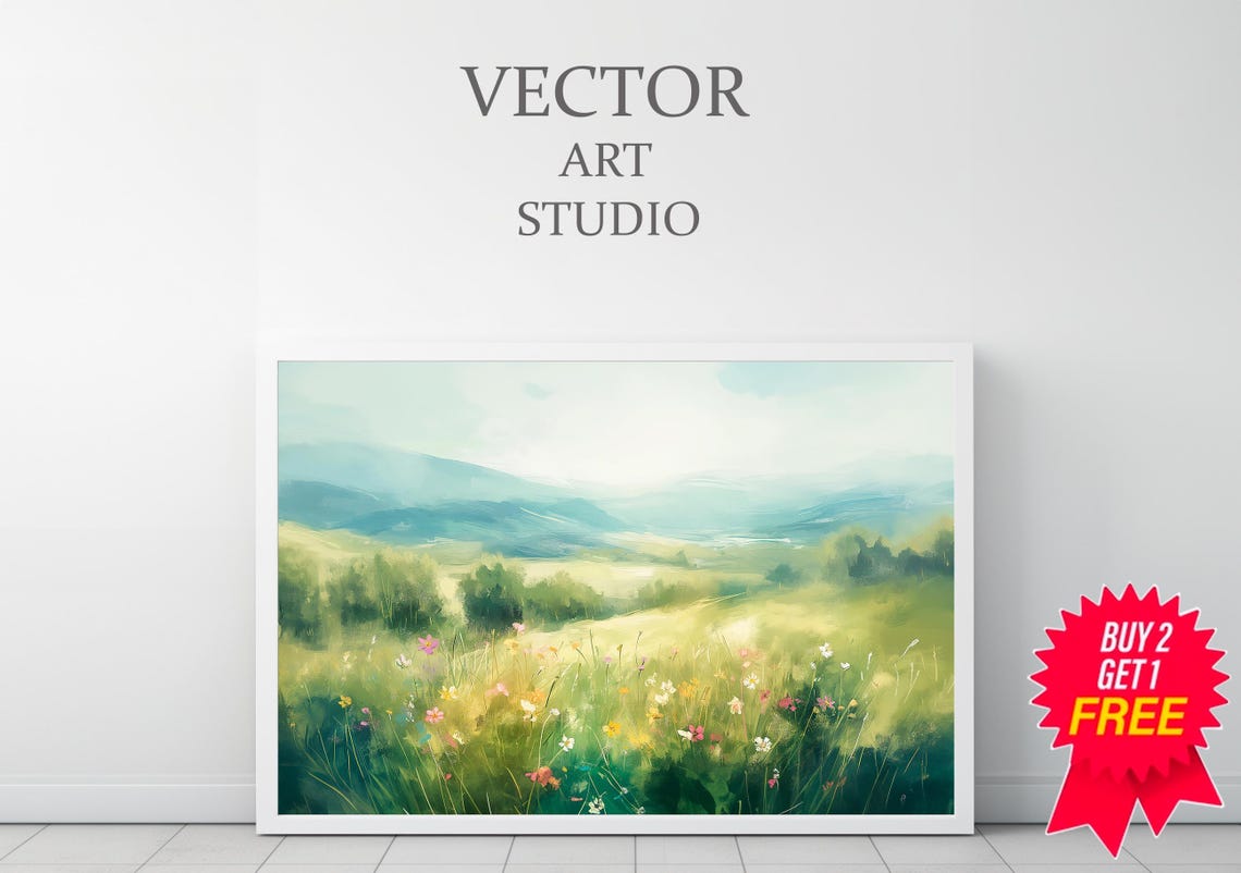 Pastel Wildflower Meadow With Misty Mountains Spring Landscape Poster - Image 3