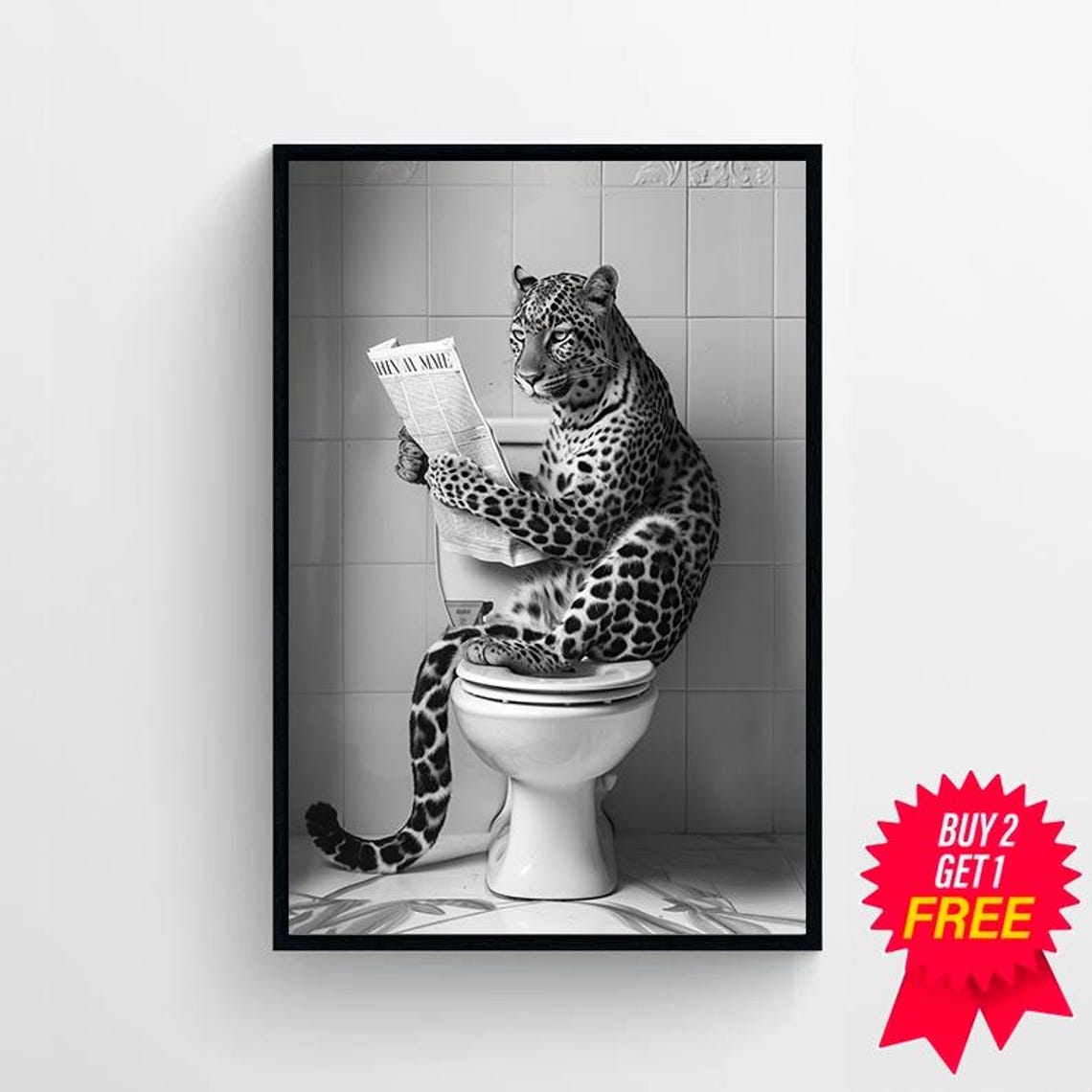 Leopard Sitting on Toilet Reading Newspaper Funny Wildlife Poster - Image 4