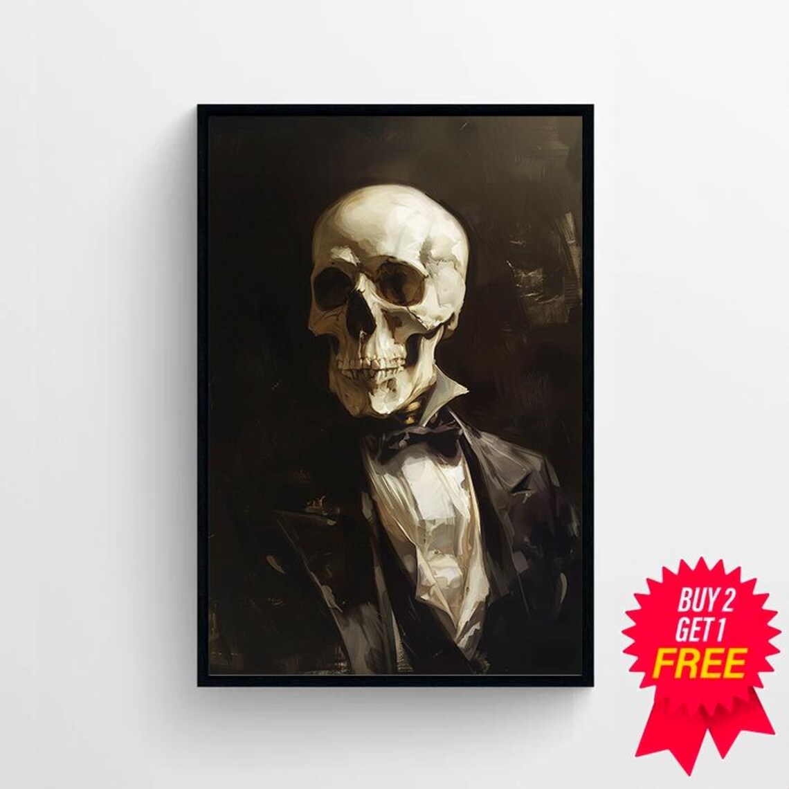 Skeleton Wearing Bow Tie Painted In Dark Renaissance Portrait Style Poster - Image 4
