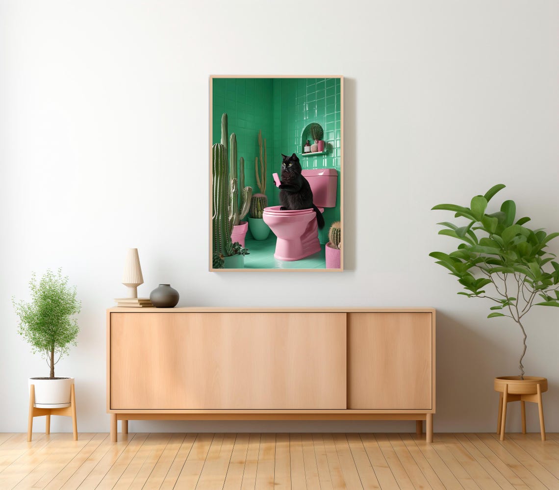 Funny Black Cat Sitting on a Pink Toilet Scrolling Phone Poster - Image 2