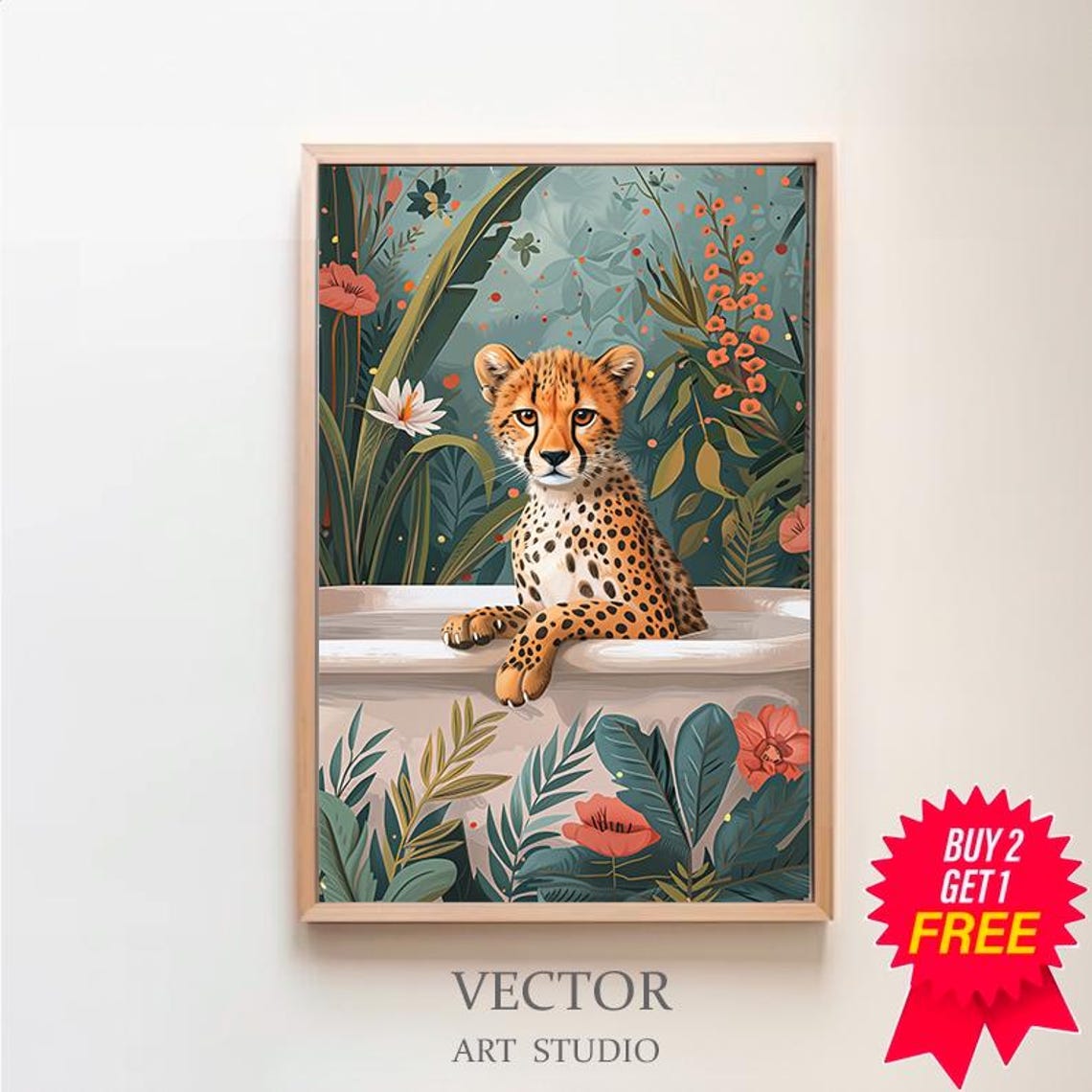 Cheetah Cub Relaxing in Bathtub Teal and Coral Floral Poster
