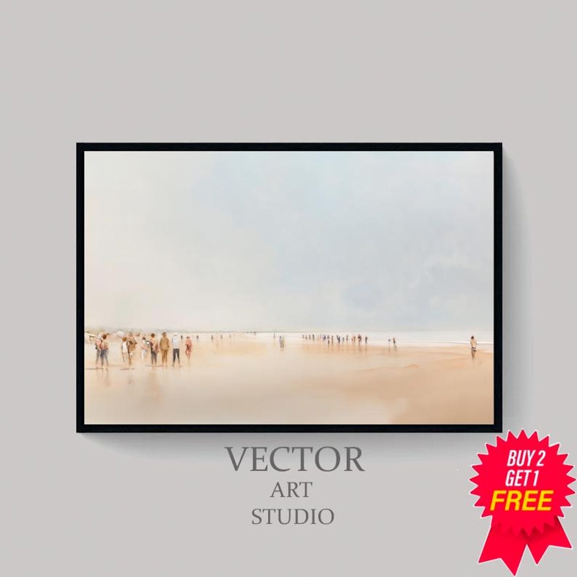 Minimalist Misty Beach With Walkers Coastal Watercolor Wall Art - Image 4