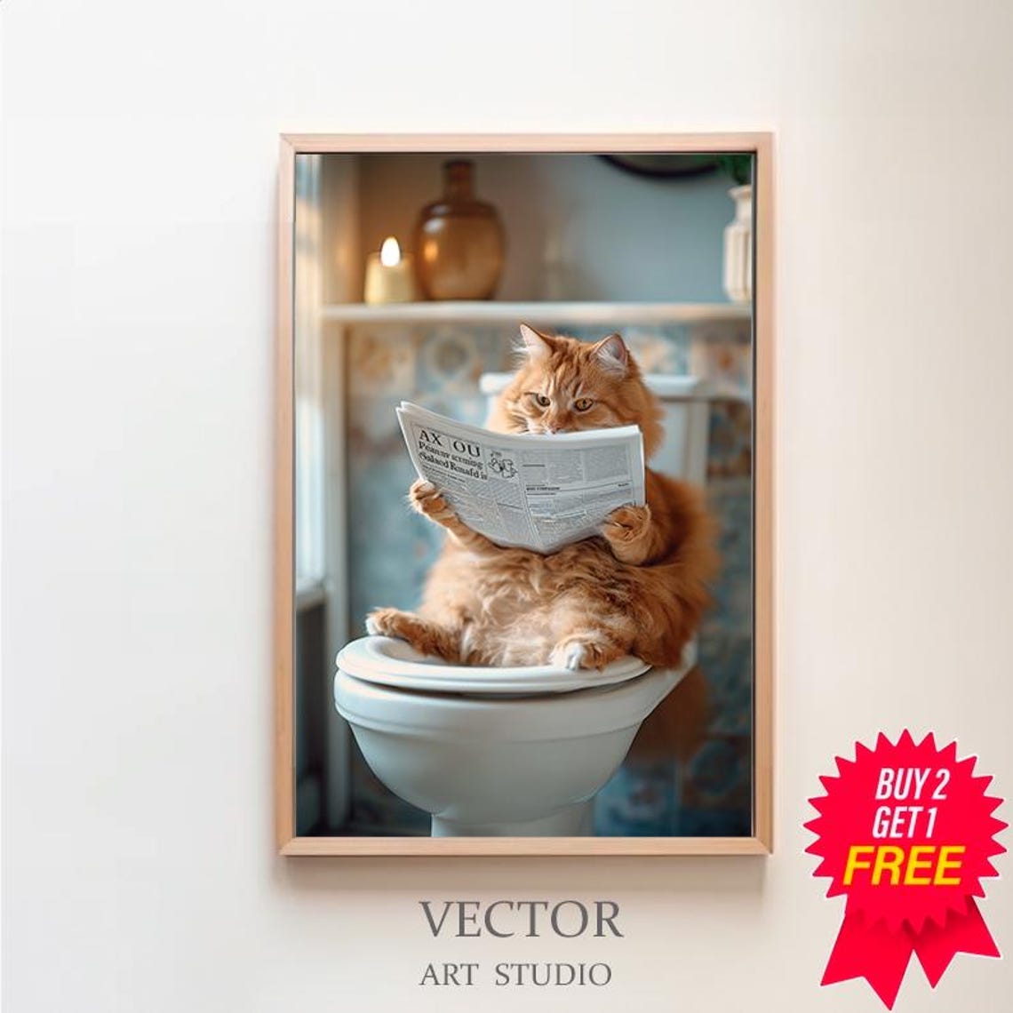 Fluffy Ginger Cat Reading Newspaper on Toilet Funny Animal Poster