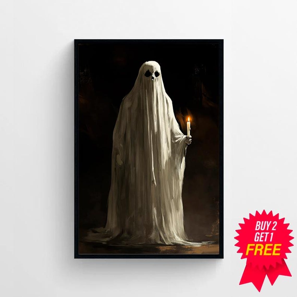 Classic White Sheet Ghost With Candle Black Background Poster - Image 4