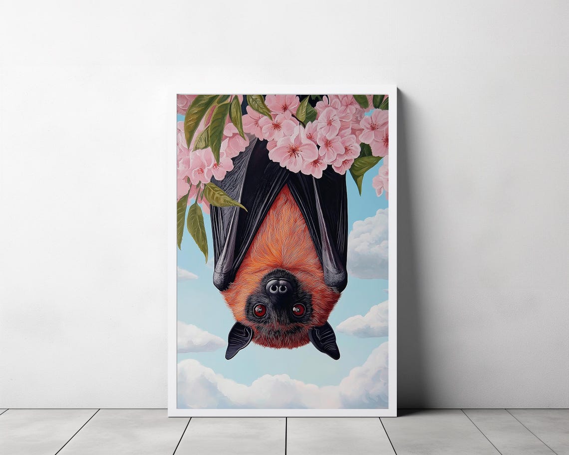 Flying Fox Bat Hanging Among Pink Cherry Blossoms Whimsical Poster - Image 3