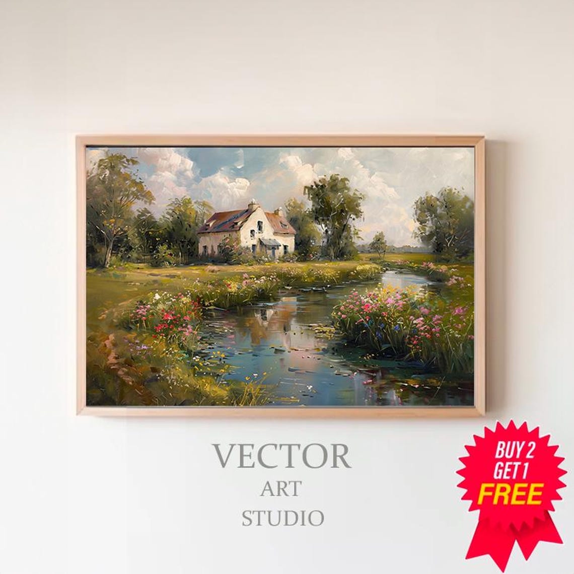 Country Cottage Beside Wildflower Stream Meadow Oil Painting Poster