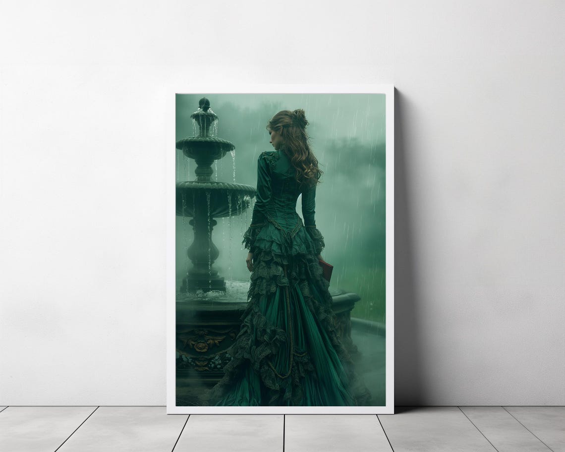 Victorian Lady In Emerald Gown Standing By Fountain Rain Poster - Image 3