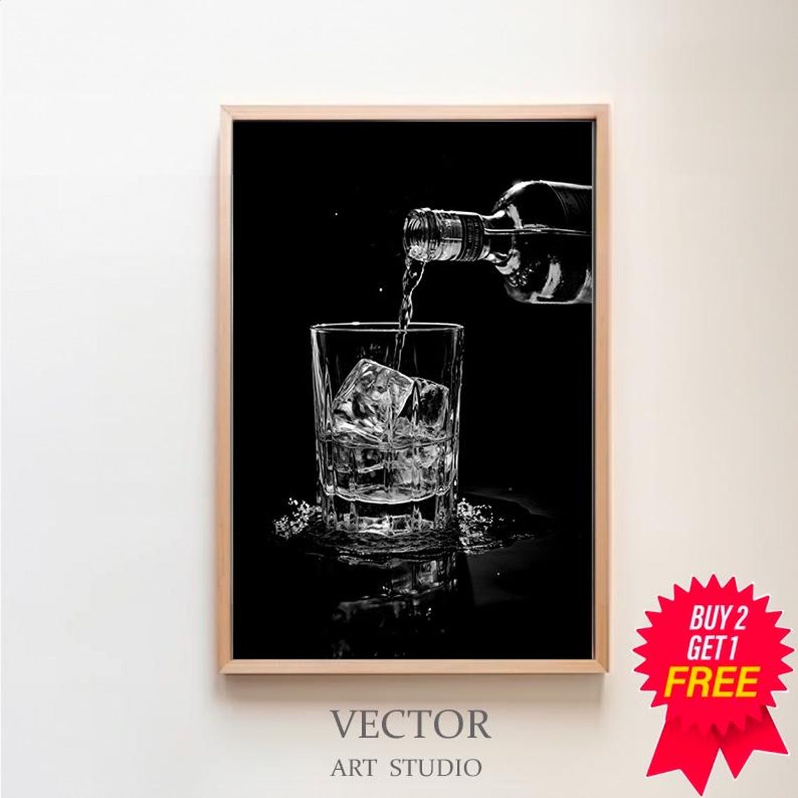 Black and White Whisky Pour Glass Bottle Bar Photograph Poster