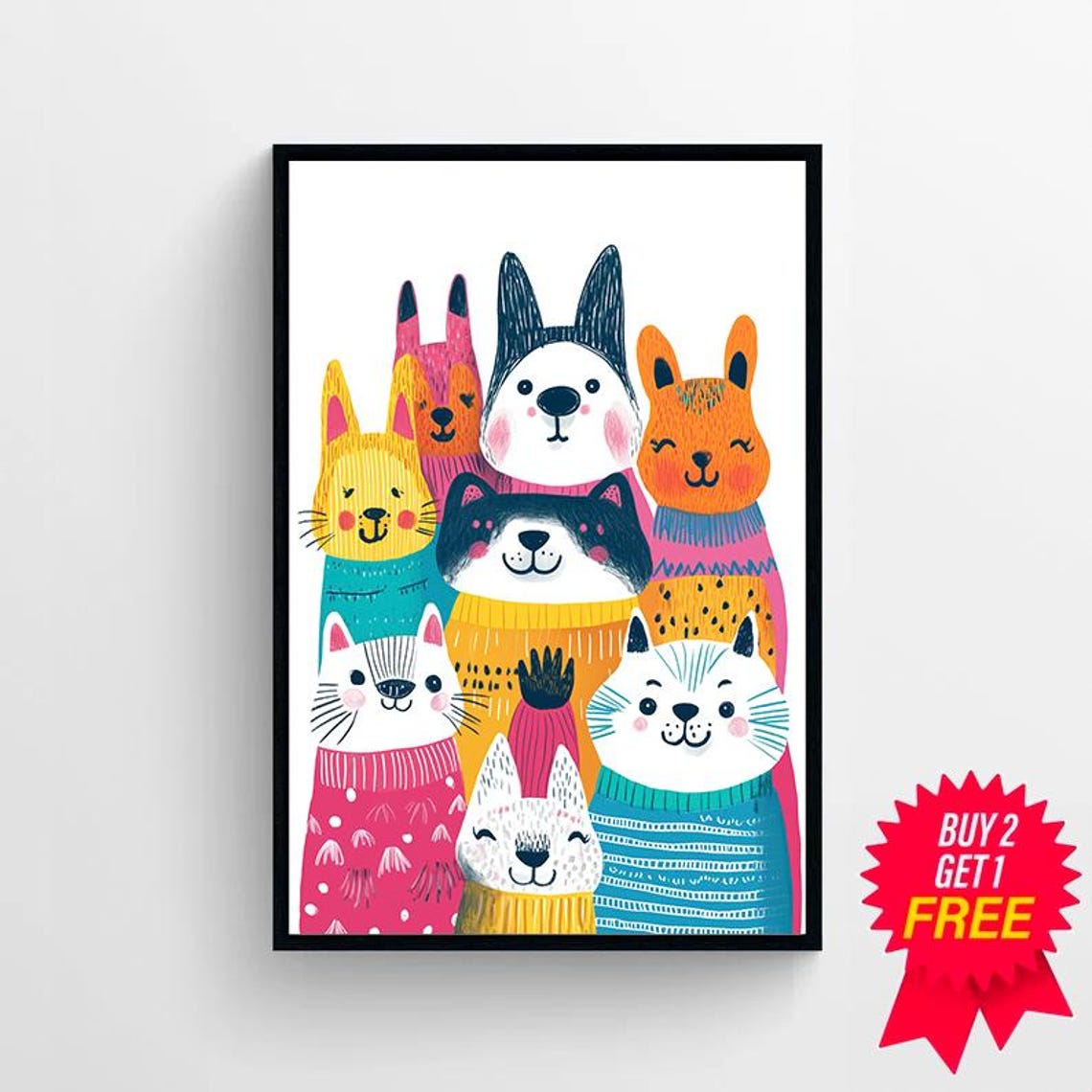 Happy Smiling Cats Wearing Bright Knitted Sweaters Kids Wall Art - Image 4