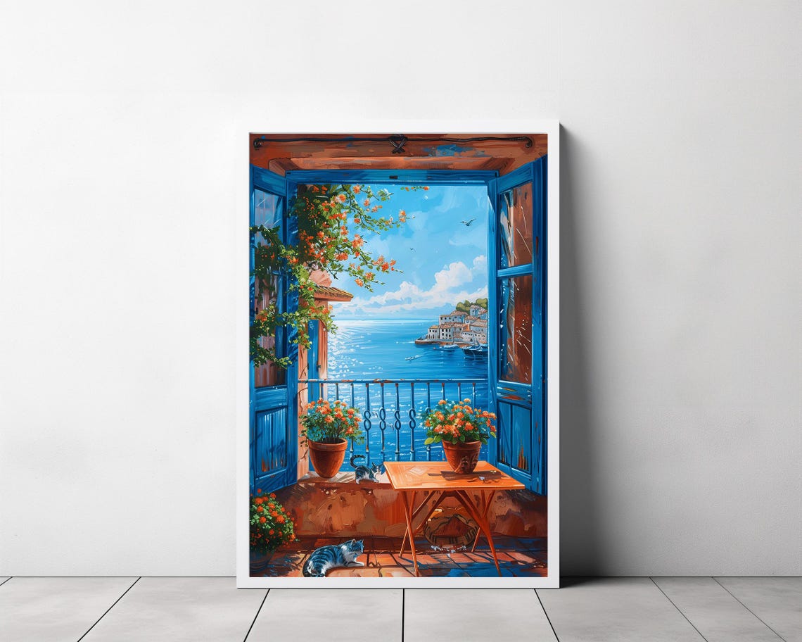Sunny Blue Door Balcony Overlooking Sparkling Greek Sea Cat Art Poster - Image 3