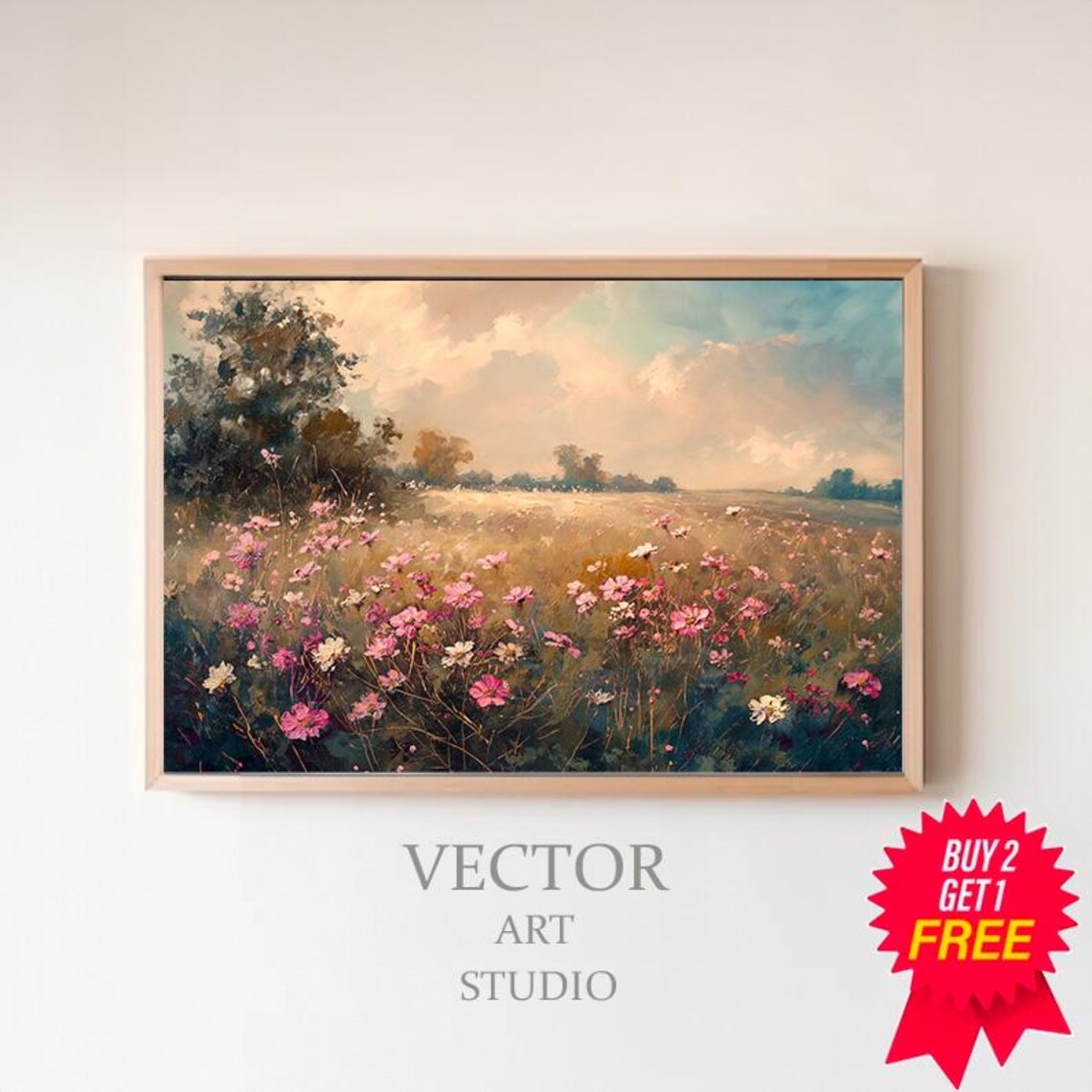 Pink Cosmos Wildflower Field at Sunset Vintage Summer Meadow Poster