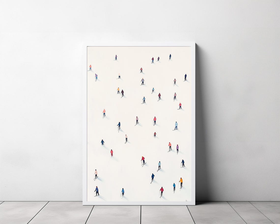 Minimalist Watercolor of Tiny Colorful Skiers on White Snow Poster - Image 3