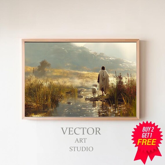 Jesus Walking with a Lamb Beside a Sunlit Mountain Stream Poster